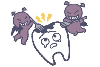 虫歯菌に攻撃されて虫歯になる歯のキャラクター