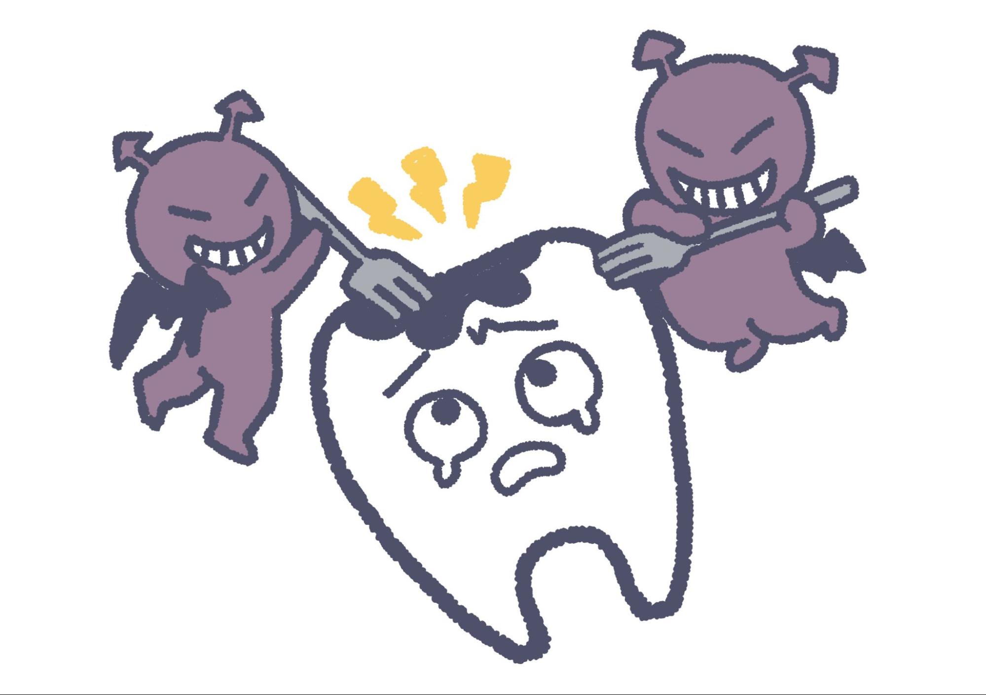 虫歯菌に攻撃されて虫歯になる歯のキャラクター